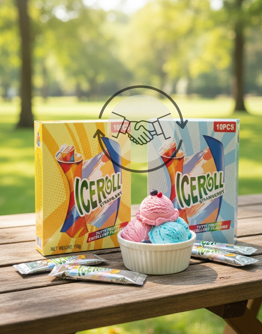بستنی آیس رول توت‌فرنگی و استوایی